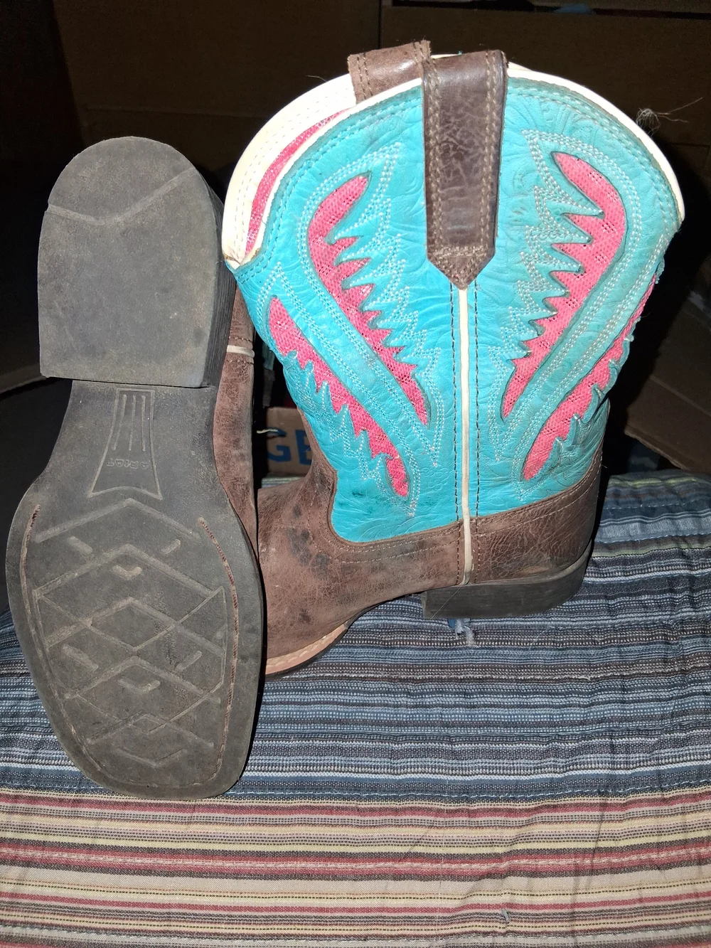 Ariat Brown Leather Kids Western Boots with Turquoise and Pink Shaft